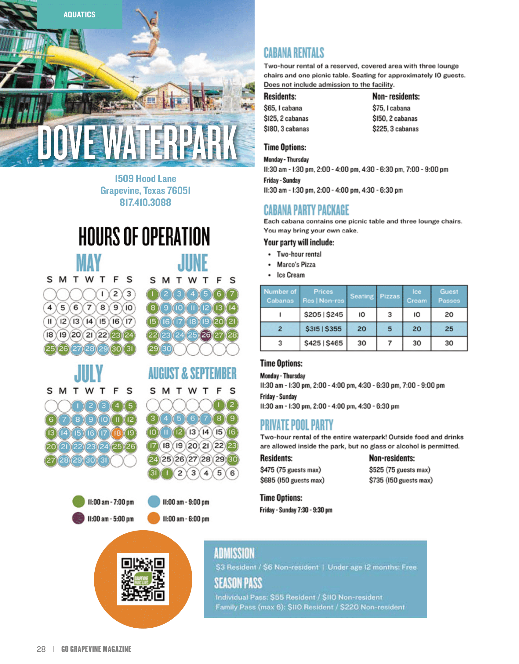 Dove Waterpark rental information sheet with pricing